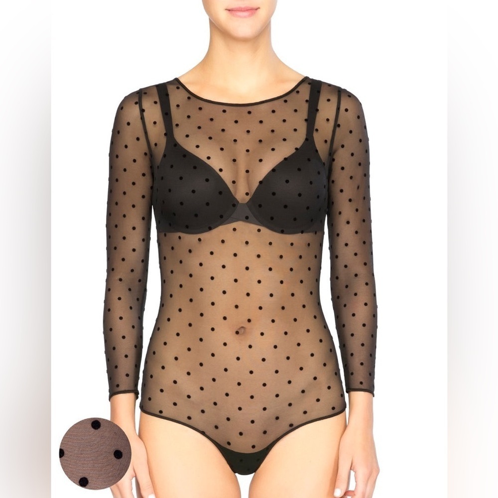 SPANX Black Sheer Polka Dot Long Sleeve Bodysuit